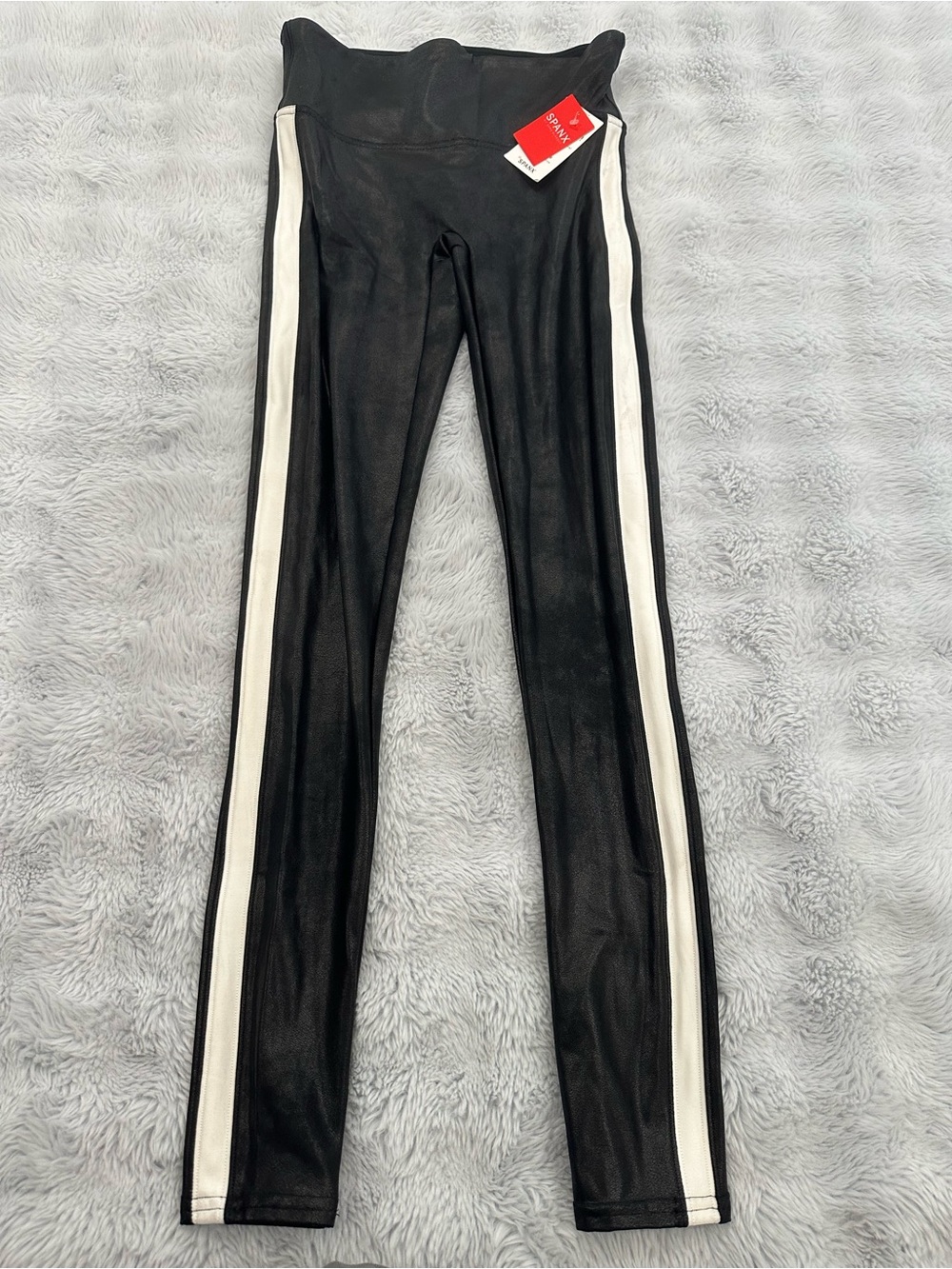 NWT SPANX Faux Leather Leggings Black White Side Stripe Size Small